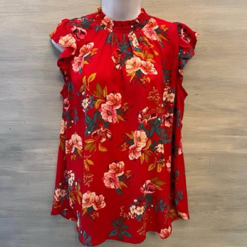 Loft Red Floral Ruffle Cap Sleeve Blouse Size Medium Good‎ Condition